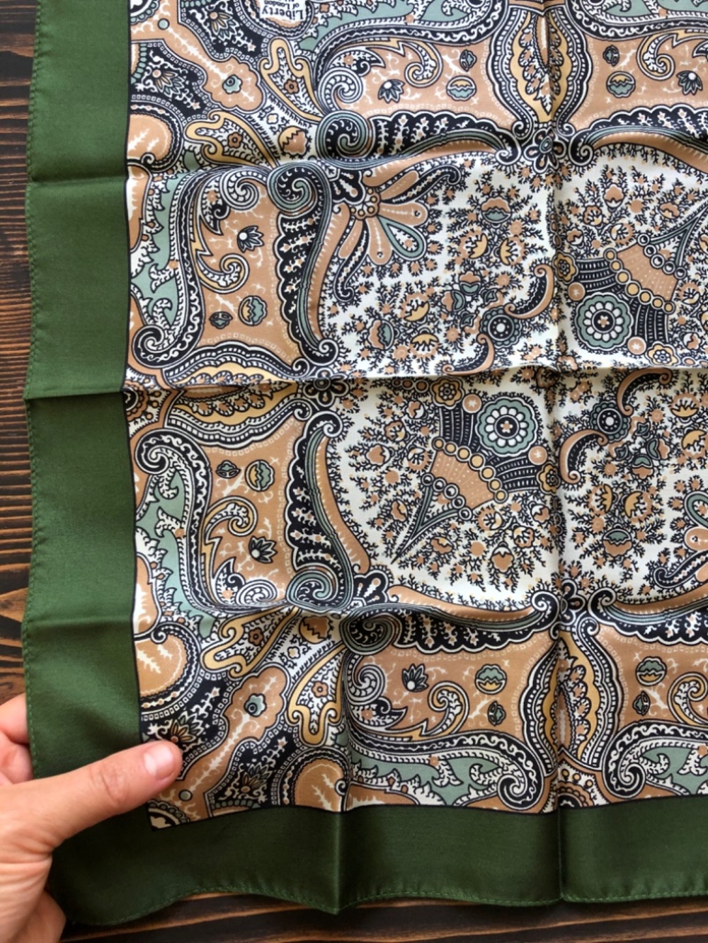 Green Cream Silk Scarf 17 Inches Square by London of Liberty - Picture 9 of 12